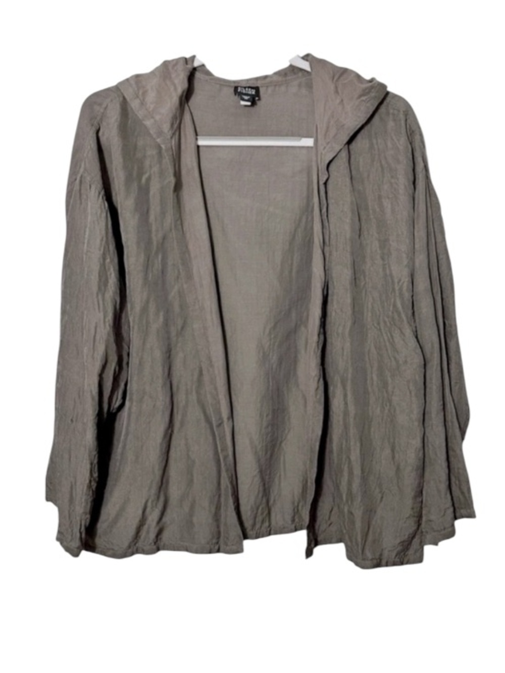 Eileen Fisher Taupe Silk Blend Hooded Crinkle Open Jacket